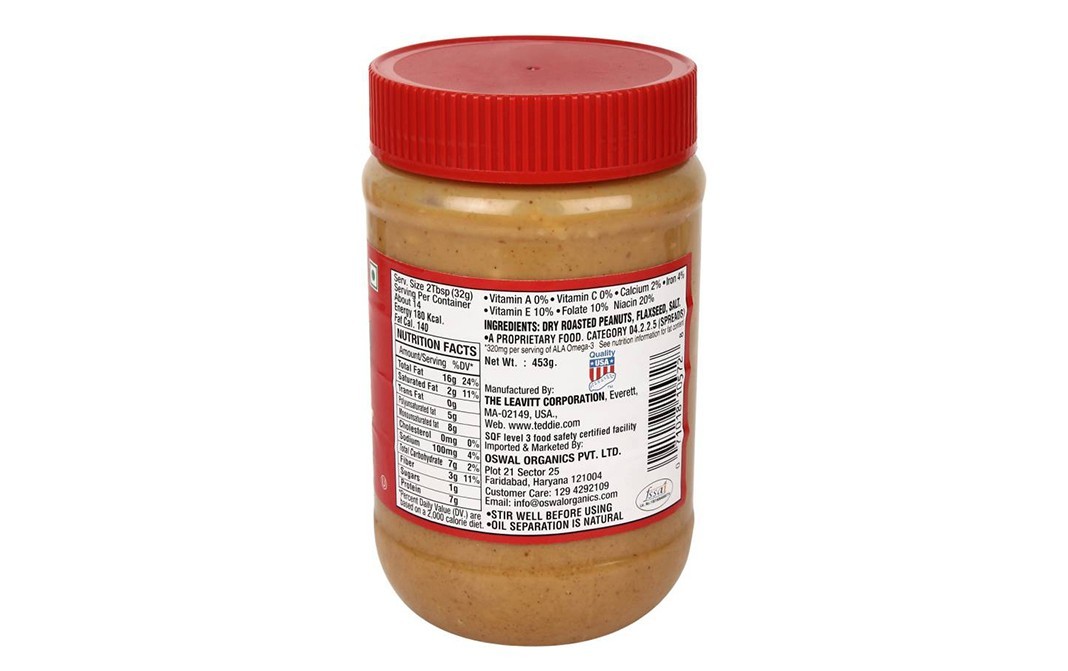 Teddie Chunky All Natural Peanut Butter With Flaxseed   Plastic Jar  453 grams